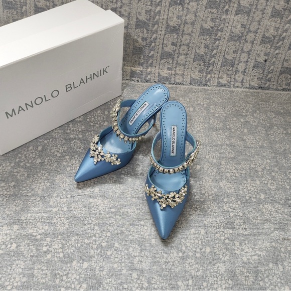Manolo Blahnik Shoes - Manolo Blahnik Light Blue Satin Pointed-Toe Jeweled Mules